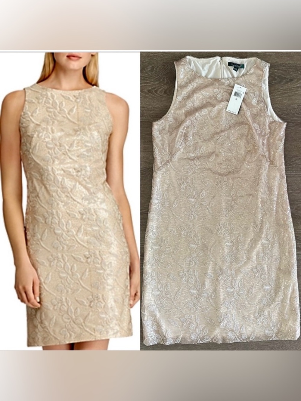 Lauren Ralph Lauren
Sequined Embroidered Floral Dress Size 
8 pearlescent